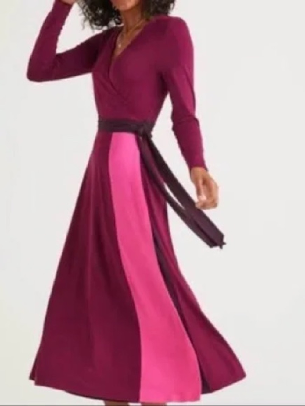 Boden Berry and Pink Long-Sleeve Midi Wrap Dress